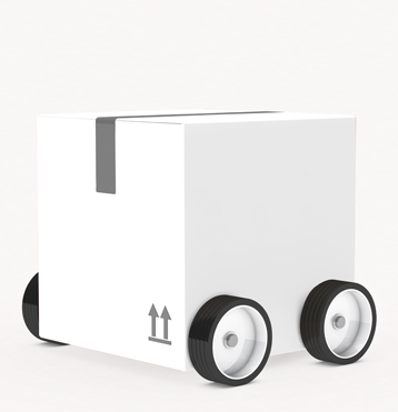 Caja de carton blanco sobre ruedas. Foco en Creatividad. Rafael Armero